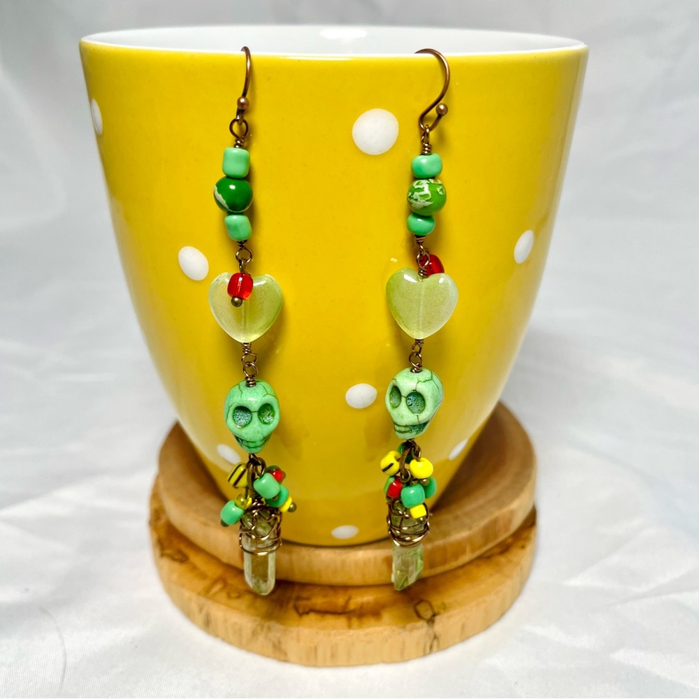 💀Beaded skull earrings; glass & stone beads, long & dangly, NEW!